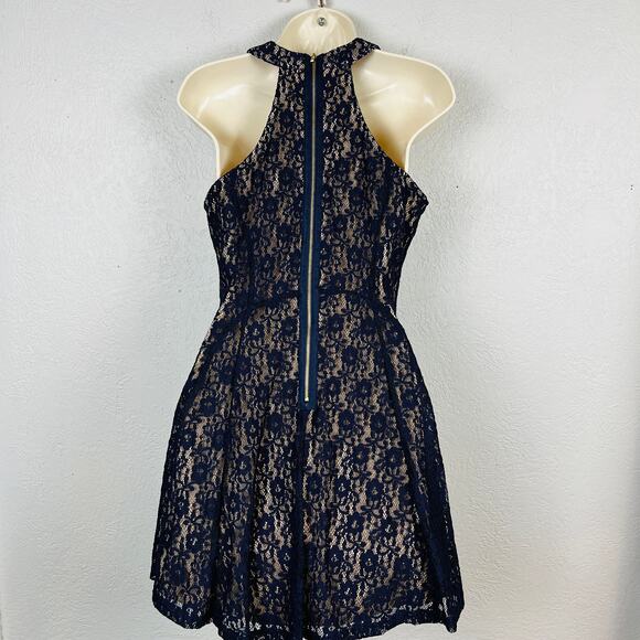 NEW! Bleuh Ciel Lace Halter Dress Mini Navy Nude Lining - M - Picture 4 of 5